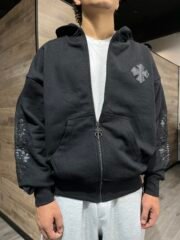 MHL leather embroidered zipper hoodie - Şəkil 2